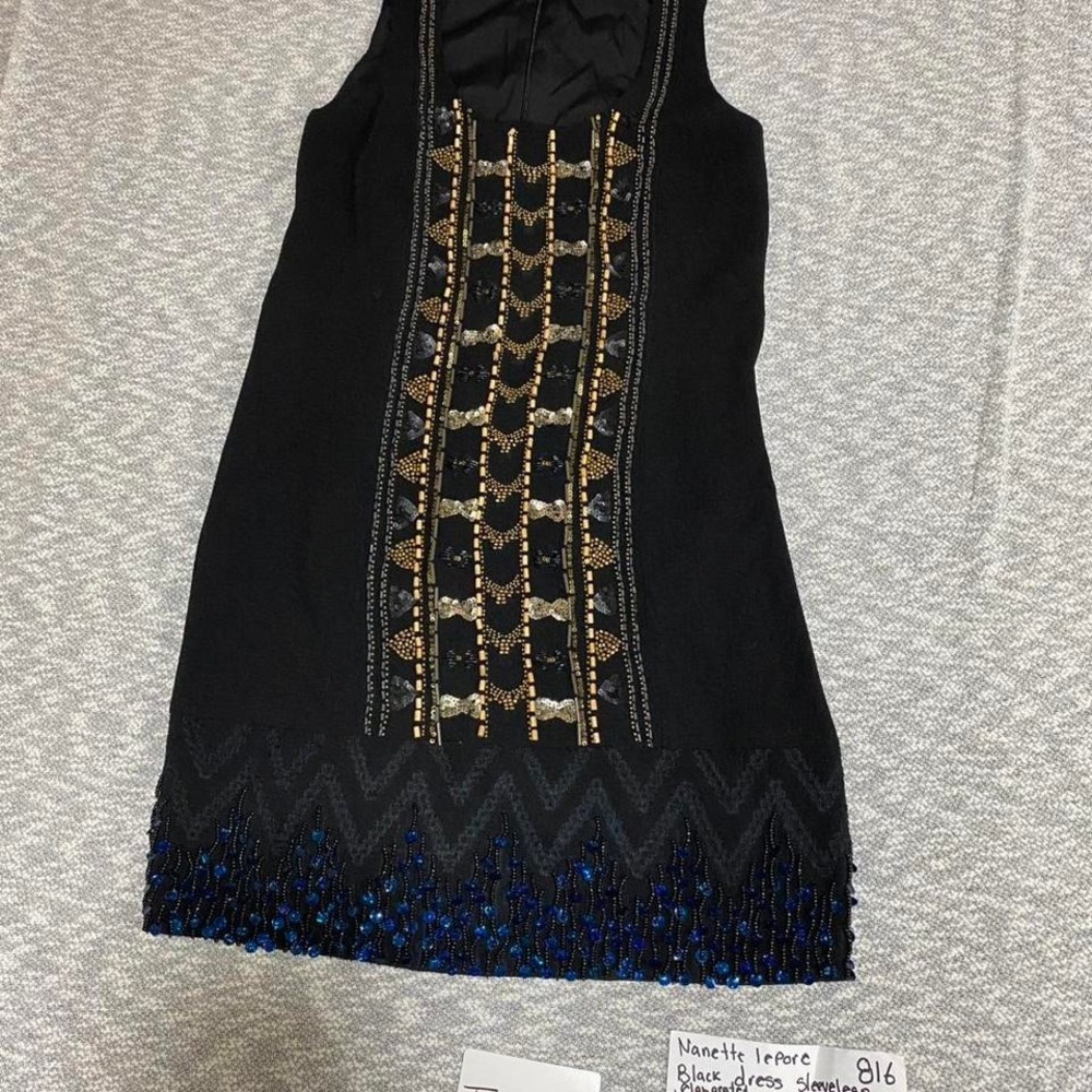 Nanette Lepore black dress with‎ gold beading and fringe women Size 0. SKU816